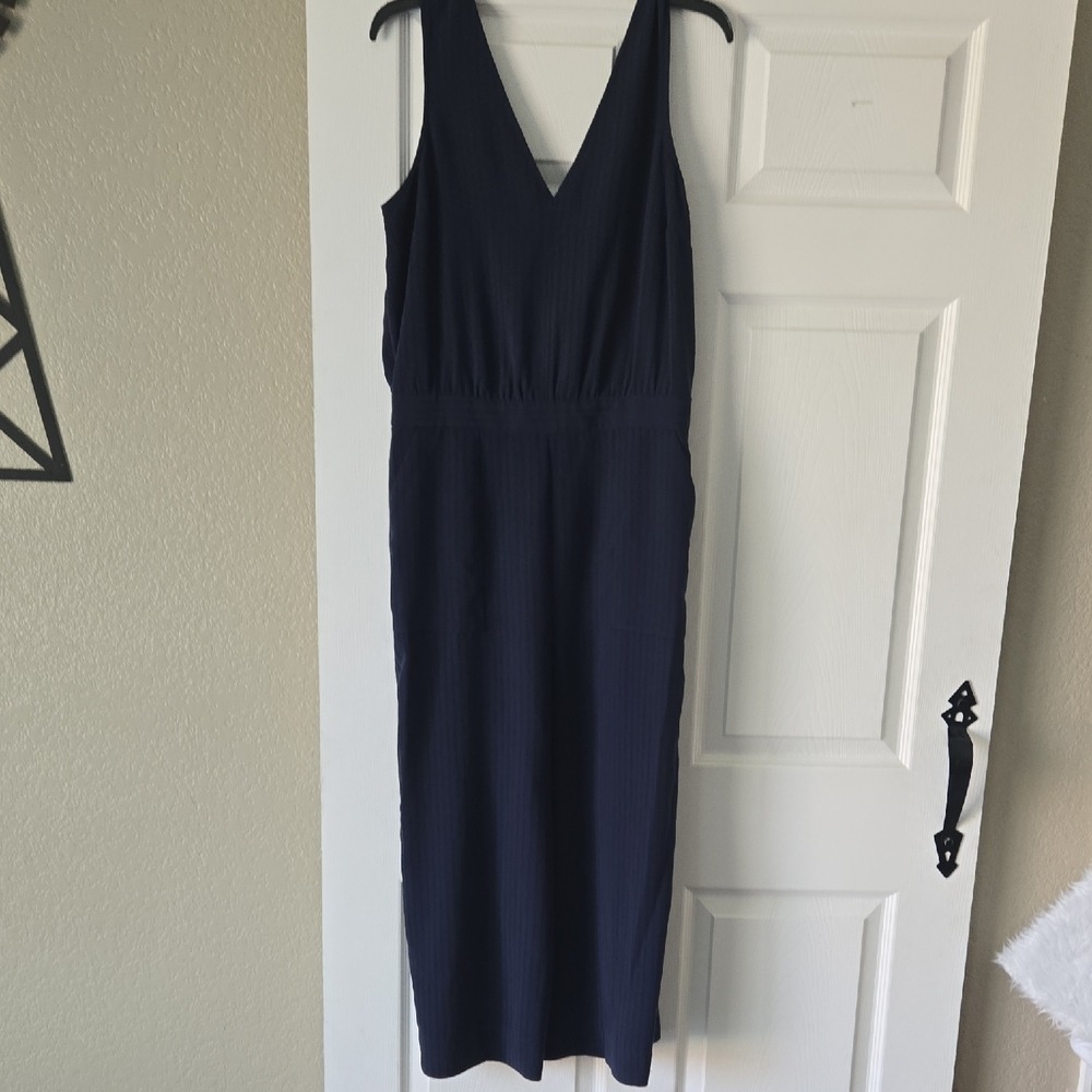 Nine West Navy Blue Striped Sleeveless Wide Leg Jumpsuit Womens Large‎ V-Neck